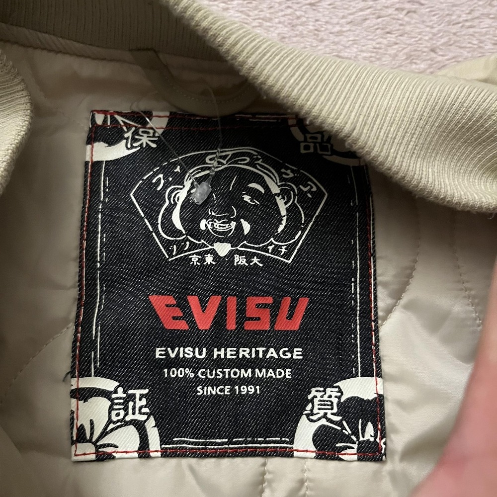 Evisu Heritage Jacket Mens XL Beige Bomber Bounty Hunter Embroidered Back Logo - Picture 10 of 15